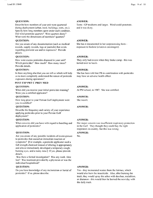   Lead Sheet #15848, Interview with 403rd Enemy Prisoner of War Camp preventive medicine specialist, April 7, 1998.