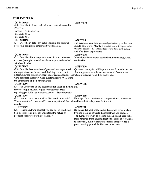   Lead Sheet #15871, Interview with 1st Marine Division preventive medicine technician, April 14, 1998.