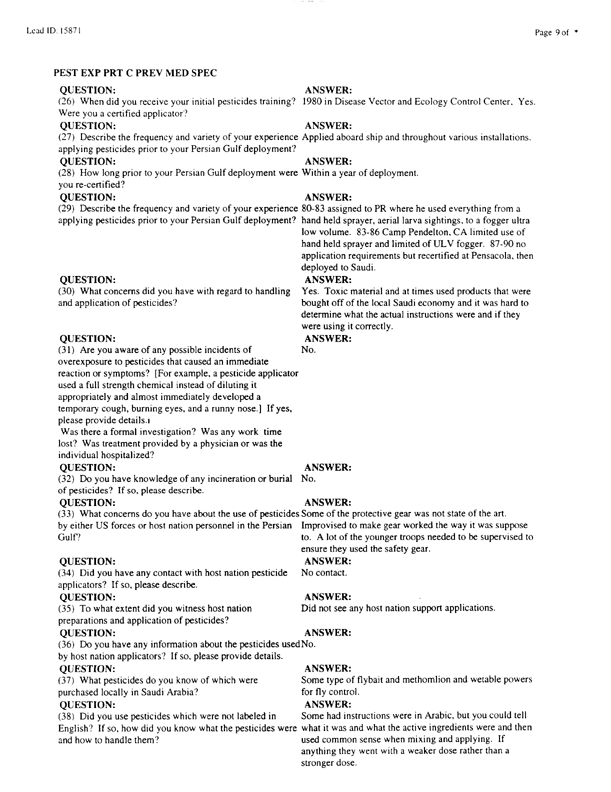   Lead Sheet #15871, Interview with 1st Marine Division preventive medicine technician, April 14, 1998.