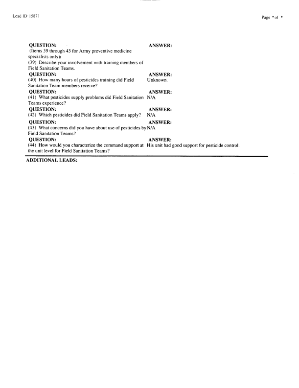   Lead Sheet #15871, Interview with 1st Marine Division preventive medicine technician, April 14, 1998.