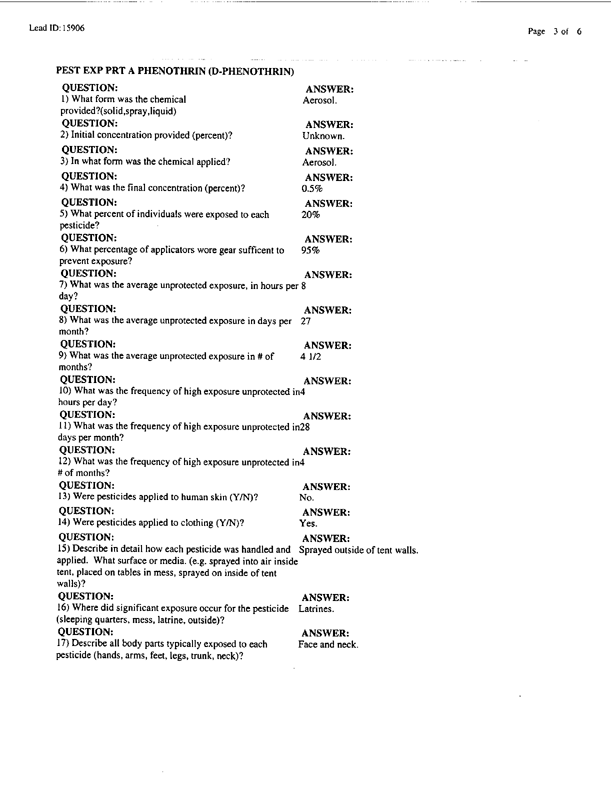 Lead Sheet #15906, Interview with 439th Military Police EPW Camp Advisory Detachment preventive medicine NCO, April 13, 1998;