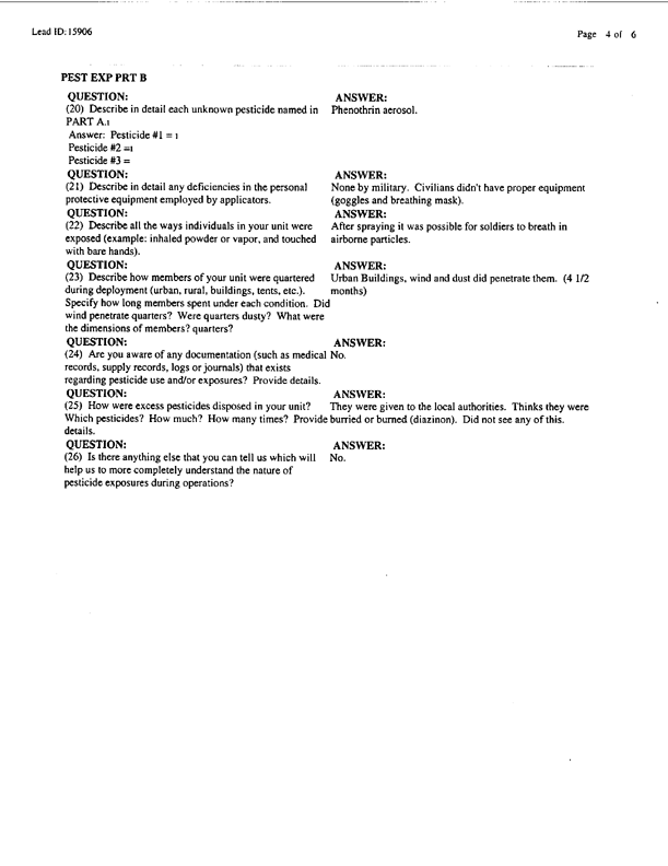 Lead Sheet #15906, Interview with 439th Military Police EPW Camp Advisory Detachment preventive medicine NCO, April 13, 1998;