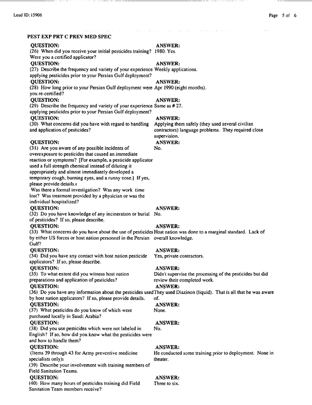 Lead Sheet #15906, Interview with 439th Military Police EPW Camp Advisory Detachment preventive medicine NCO, April 13, 1998;