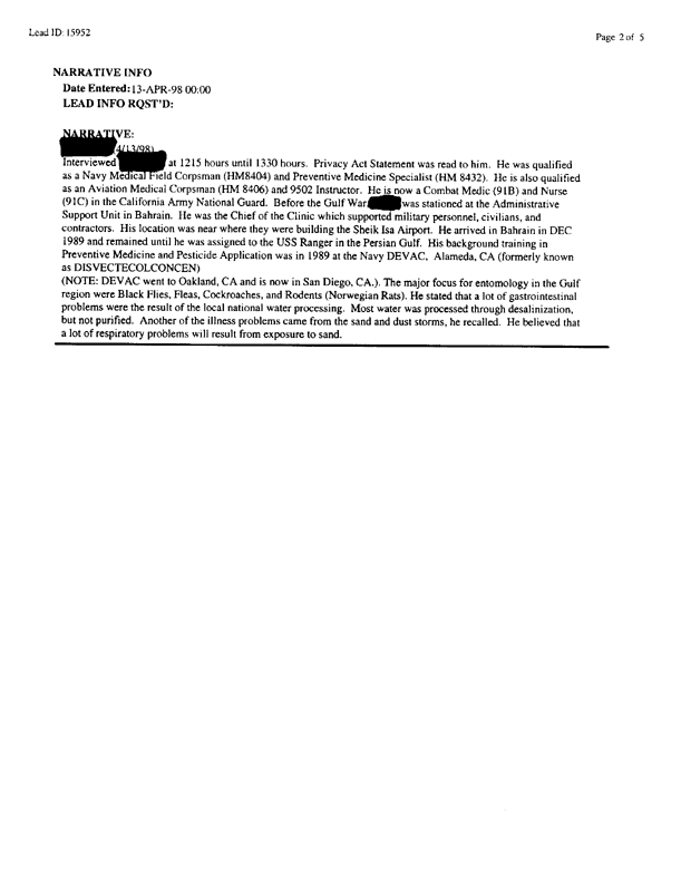   Lead Sheet #15952, Interview with Navy preventive medicine technician, February 23, 1999.