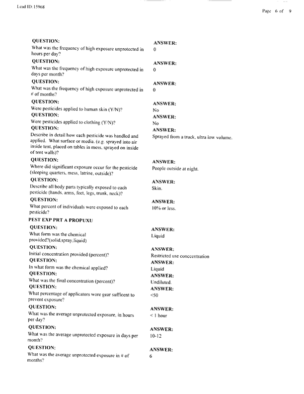   Lead Sheet #15968, Interview with 1st Marine Division preventive medicine technician, April 10, 1998.