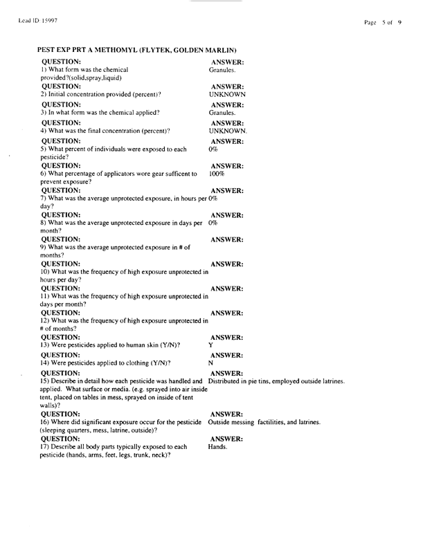   Lead Sheet #15997, Interview with 2nd Medical Battalion preventive medicine technician, April 15, 1998.