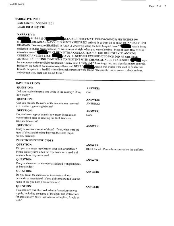   Lead Sheet #16008, Interview with Fleet Hospital 6 preventive medicine technician, September 15, 1998.