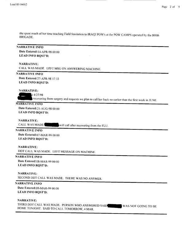    Lead Sheet #16012, Interview with 400th MP Battalion preventive medicine specialist, April 10, 1998.