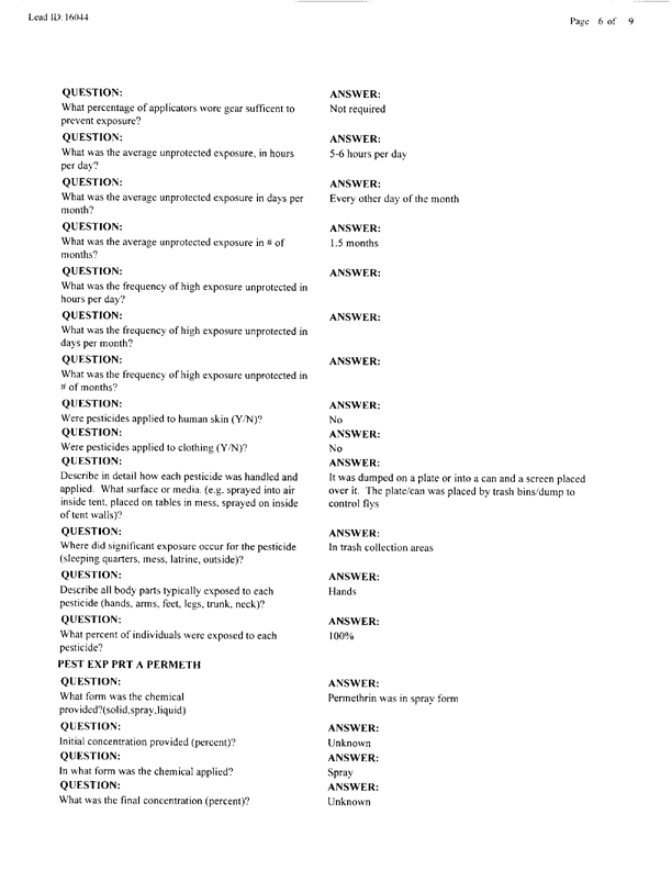 Lead Sheet #16044, Interview with 24 ID 724th CS Battalion preventive medicine specialist, April 14, 1998.