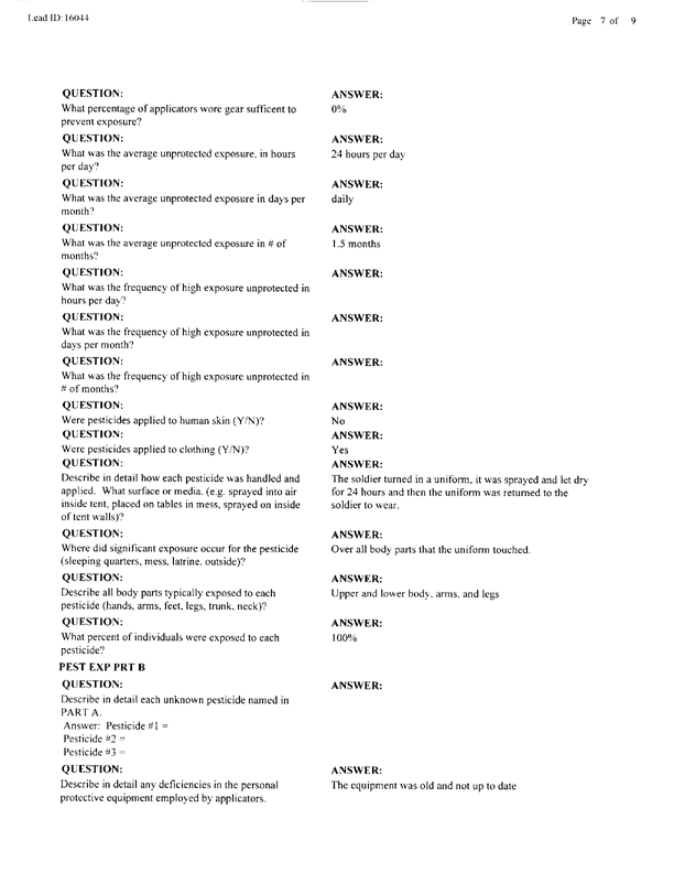 Lead Sheet #16044, Interview with 24 ID 724th CS Battalion preventive medicine specialist, April 14, 1998.