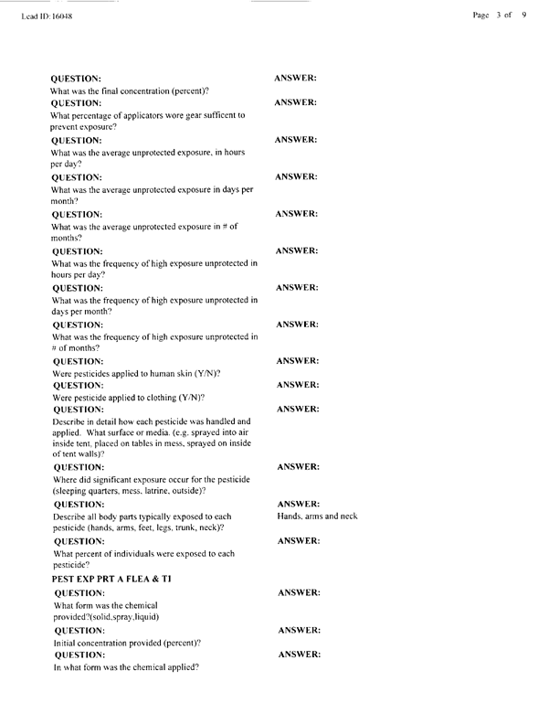 Lead Sheet #16048, Interview with 2nd Medical Battalion Navy entomologist, April 14, 1998.