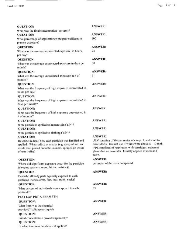 Lead Sheet #16048, Interview with 2nd Medical Battalion Navy entomologist, April 14, 1998.