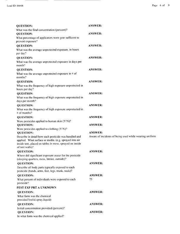 Lead Sheet #16048, Interview with 2nd Medical Battalion Navy entomologist, April 14, 1998.