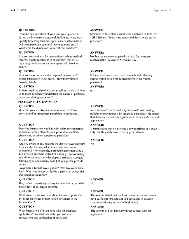 Lead Sheet #16775, Interview with Marine 4th Civil Affairs Group environmental health officer, May 21, 1998; 