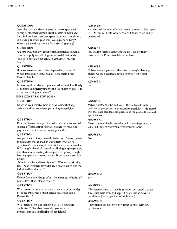 Lead Sheet #16775, Interview with Marine 4th Civil Affairs Group environmental health officer, May 21, 1998; 