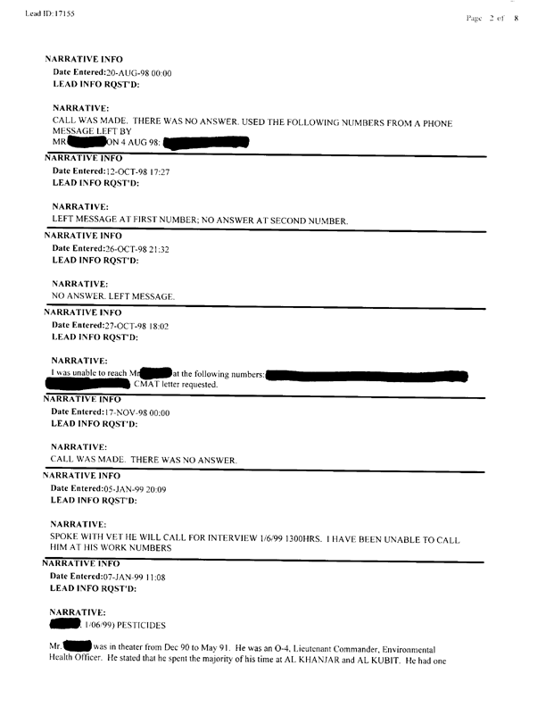   Lead Sheet #17155, Interview with 2nd Medical Battalion  entomologist, January 6, 1998.