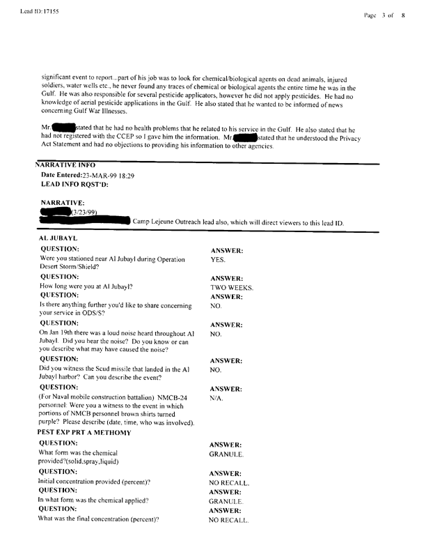   Lead Sheet #17155, Interview with 2nd Medical Battalion  entomologist, January 6, 1998.
