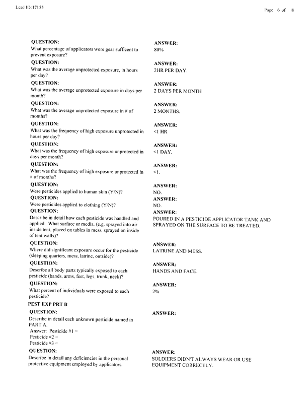  Lead Sheet #17155, Interview with 2nd Medical Battalion  entomologist, January 6, 1998.
