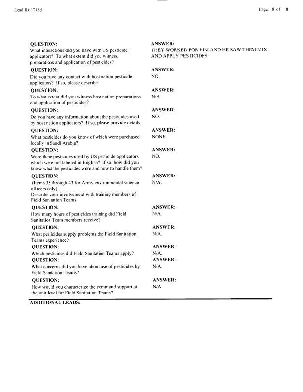   Lead Sheet #17155, Interview with 2nd Medical Battalion  entomologist, January 6, 1998.