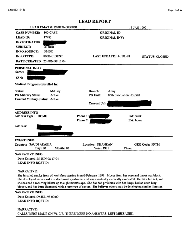   Lead Sheet #17485, Interview with Army administrative supervisor, July 14, 1998, p. 5.