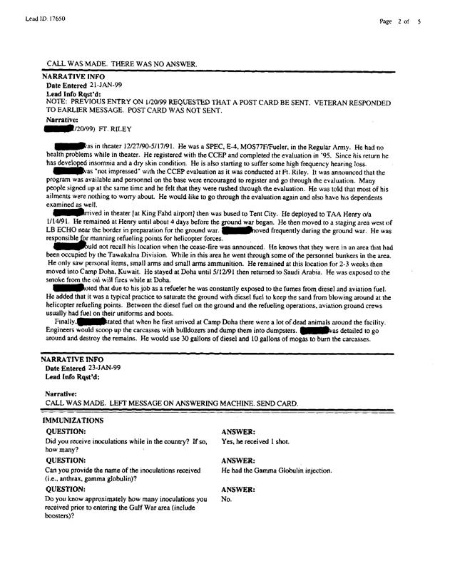   Lead Sheet #17650, Interview with 3rd Armored Division refueler, January 20, 1999.