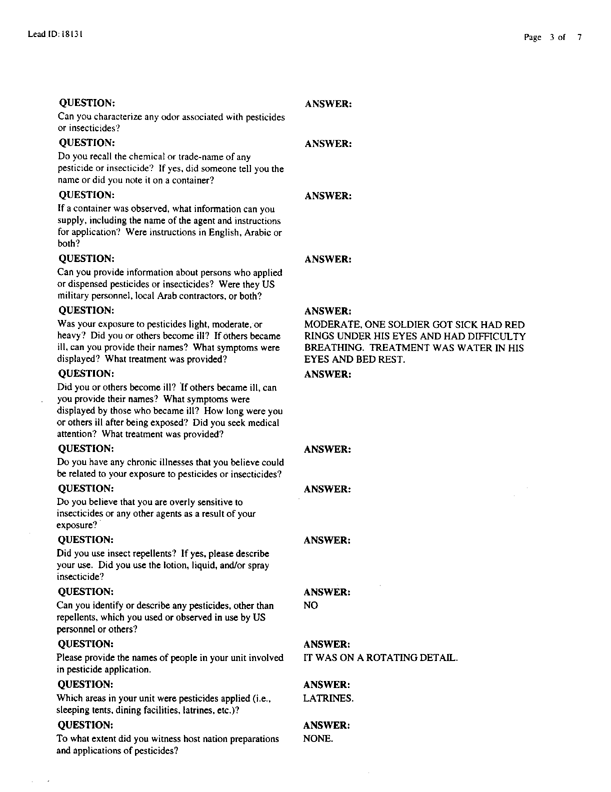   Lead Sheet #18131, Interview with 3rd Battalion, 504th Infantry squad leader, December 9, 1998.