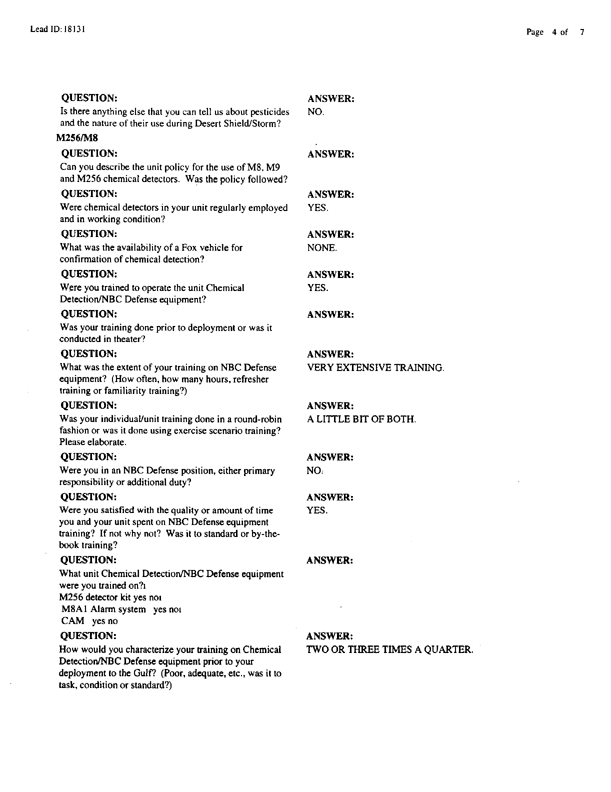   Lead Sheet #18131, Interview with 3rd Battalion, 504th Infantry squad leader, December 9, 1998.
