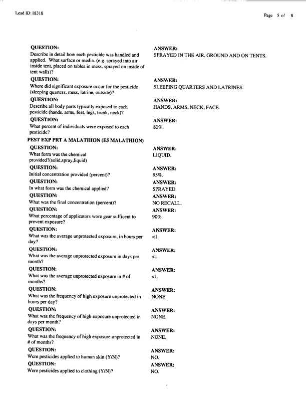   Lead Sheet #18318, Interview with 1st Marine Division entomologist, September 11, 1998.