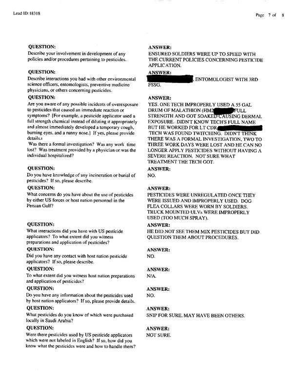   Lead Sheet #18318, Interview with 1st Marine Division entomologist, September 11, 1998.