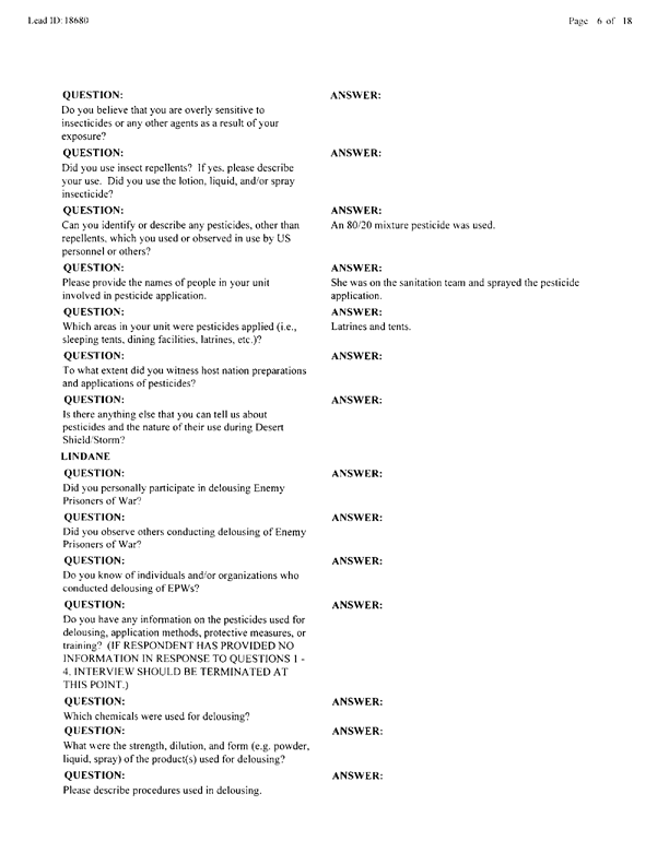 Lead Sheet 18680, Interview with Army member, January 12, 2000.