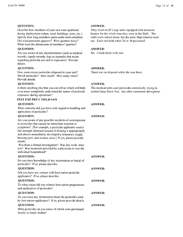 Lead Sheet 18680, Interview with Army member, January 12, 2000.