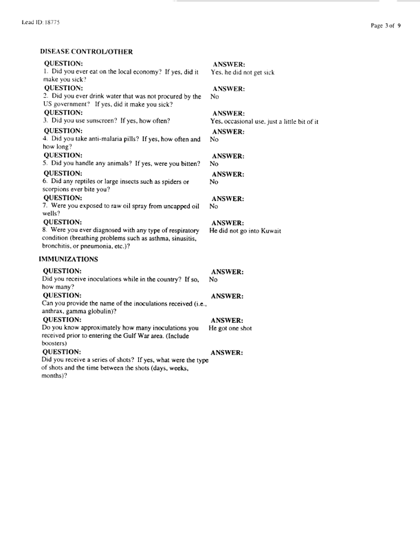   Lead Sheet #18775, Interview with 2849th Civil Engineering Squadron Minhad Air Base, United Arab Emirates pest controller, August 25, 1998.