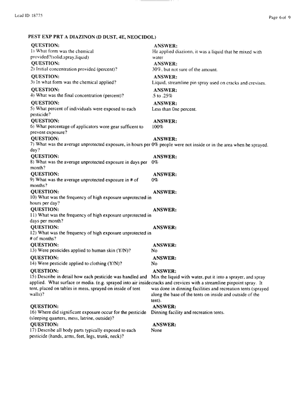   Lead Sheet #18775, Interview with 2849th Civil Engineering Squadron Minhad Air Base, United Arab Emirates pest controller, August 25, 1998.
