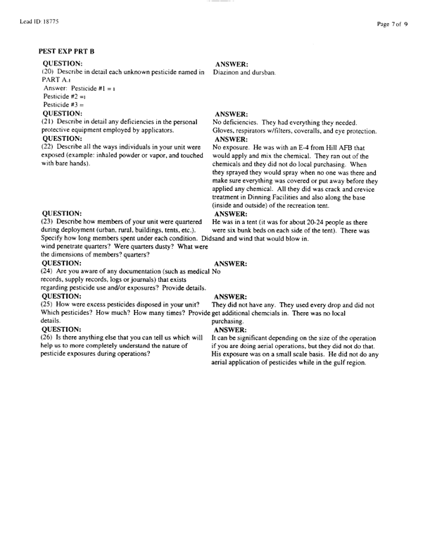   Lead Sheet #18775, Interview with 2849th Civil Engineering Squadron Minhad Air Base, United Arab Emirates pest controller, August 25, 1998.