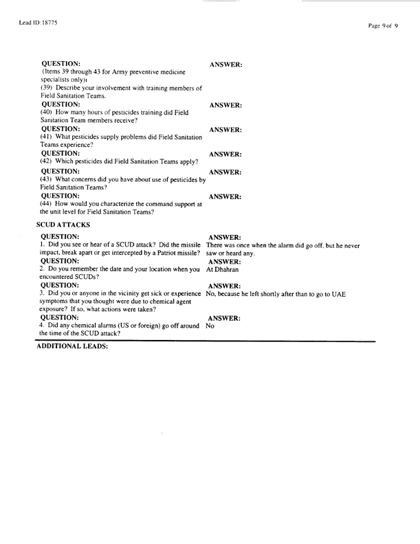   Lead Sheet #18775, Interview with 2849th Civil Engineering Squadron Minhad Air Base, United Arab Emirates pest controller, August 25, 1998.