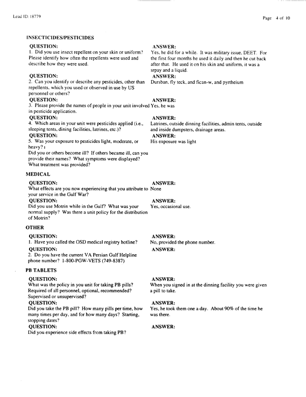   Lead Sheet #18779, Interview with 4th Civil Engineering Squadron Al Kharj Airport pest controller, August 21, 1998.