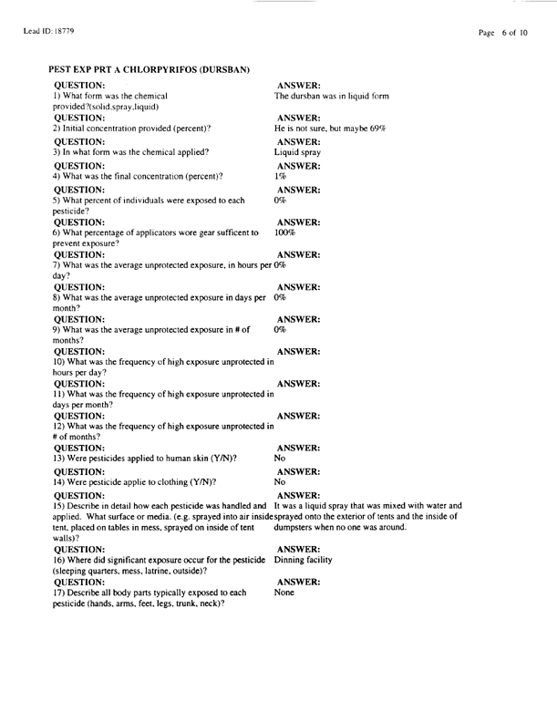   Lead Sheet #18779, Interview with 4th Civil Engineering Squadron Al Kharj Airport pest controller, August 21, 1998.