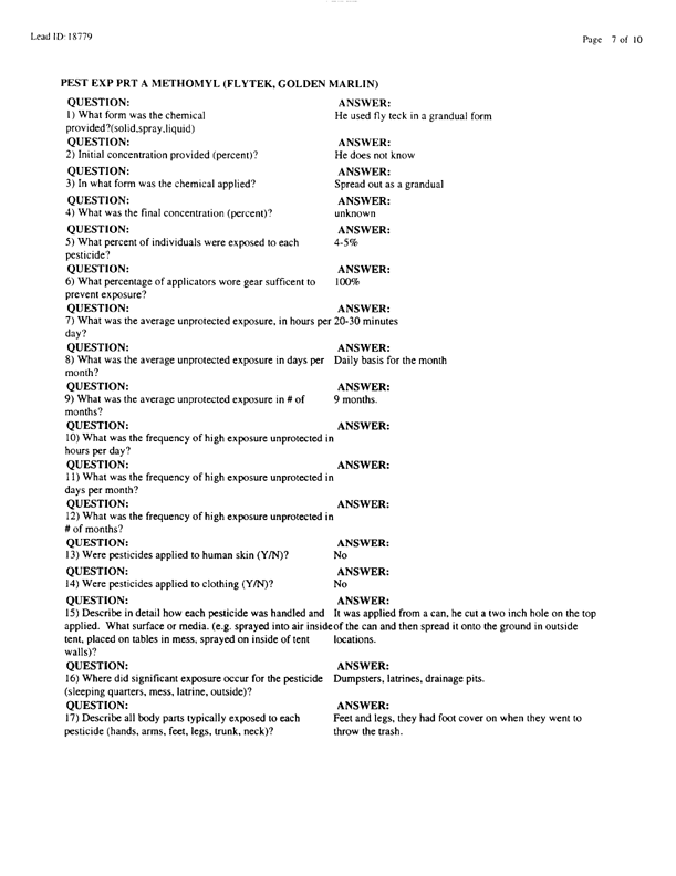   Lead Sheet #18779, Interview with 4th Civil Engineering Squadron Al Kharj Airport pest controller, August 21, 1998.