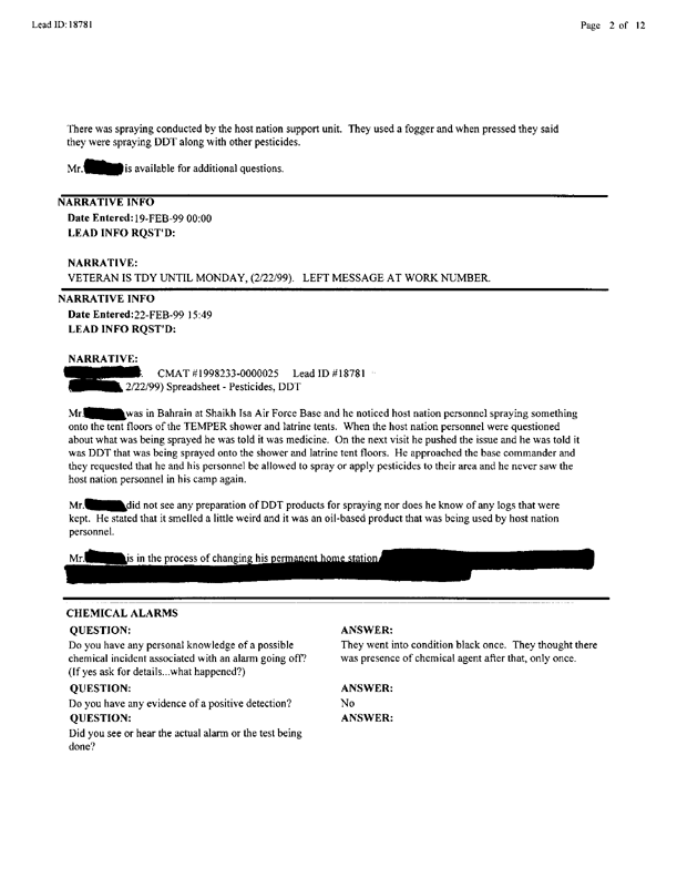   Lead Sheet #18781, Interview with 35th Tactical Fighter Wing pest controller, August 31, 1998.