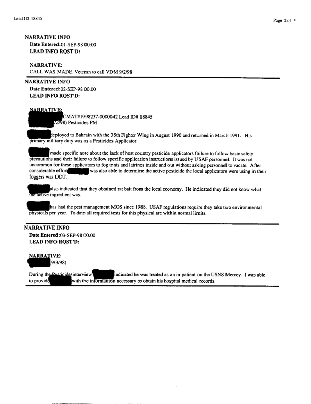   Lead Sheet #18845, Interview with 35th Tactical Fighter Wing pest controller, September 2, 1998.