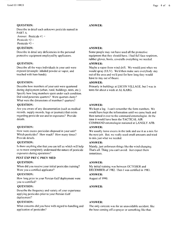  Lead Sheet #18853, Interview with 823rd Civil Engineering Squadron Riyadh International Airport pest controller, August 25, 1998.