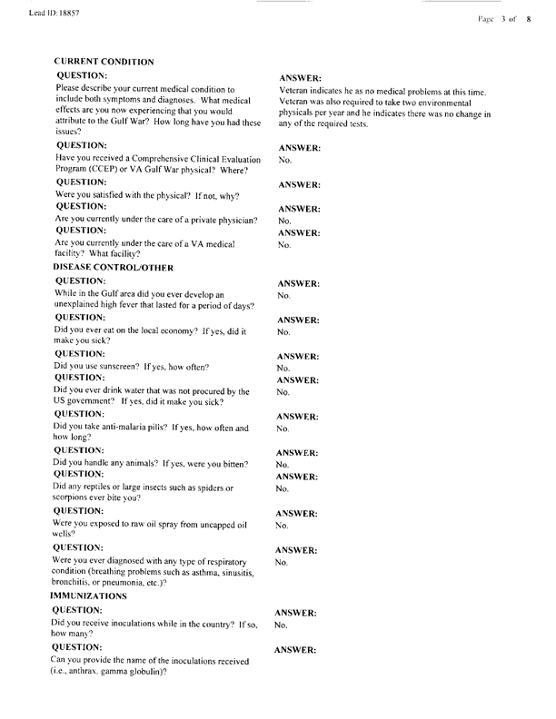  Lead Sheet #18857, Interview with 363rd Civil Engineering Squadron Al Dhafra, United Arab Emirates pest controller, August 28, 1998.