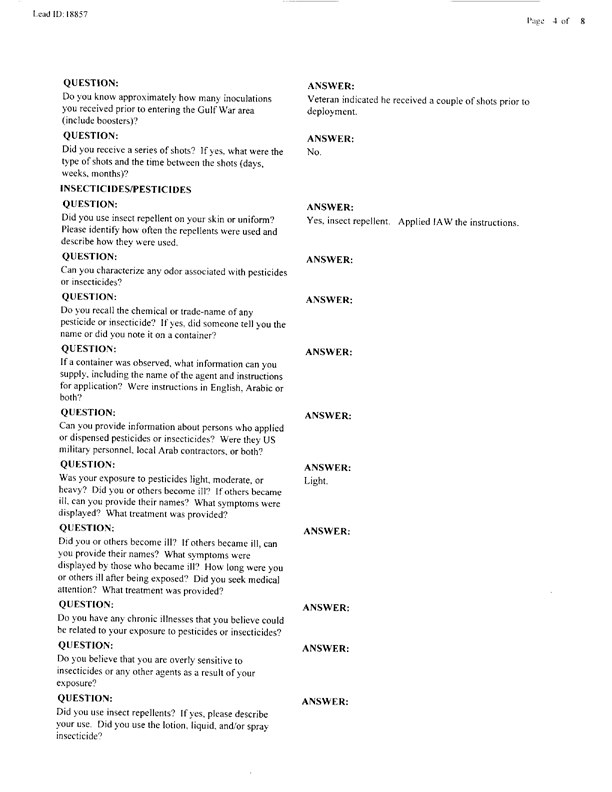  Lead Sheet #18857, Interview with 363rd Civil Engineering Squadron Al Dhafra, United Arab Emirates pest controller, August 28, 1998.