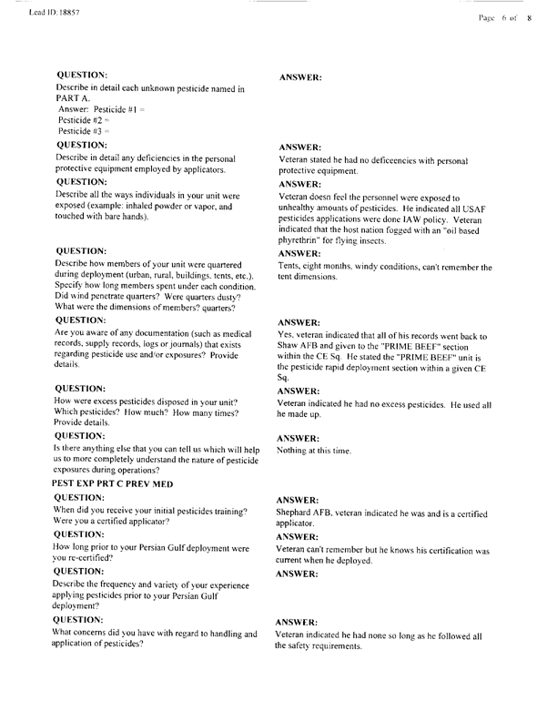  Lead Sheet #18857, Interview with 363rd Civil Engineering Squadron Al Dhafra, United Arab Emirates pest controller, August 28, 1998.