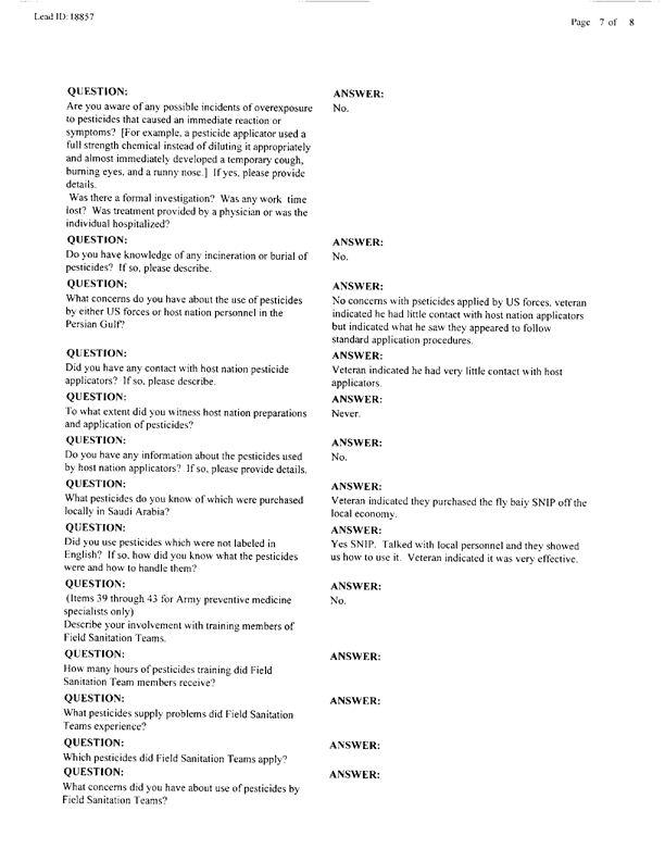  Lead Sheet #18857, Interview with 363rd Civil Engineering Squadron Al Dhafra, United Arab Emirates pest controller, August 28, 1998.