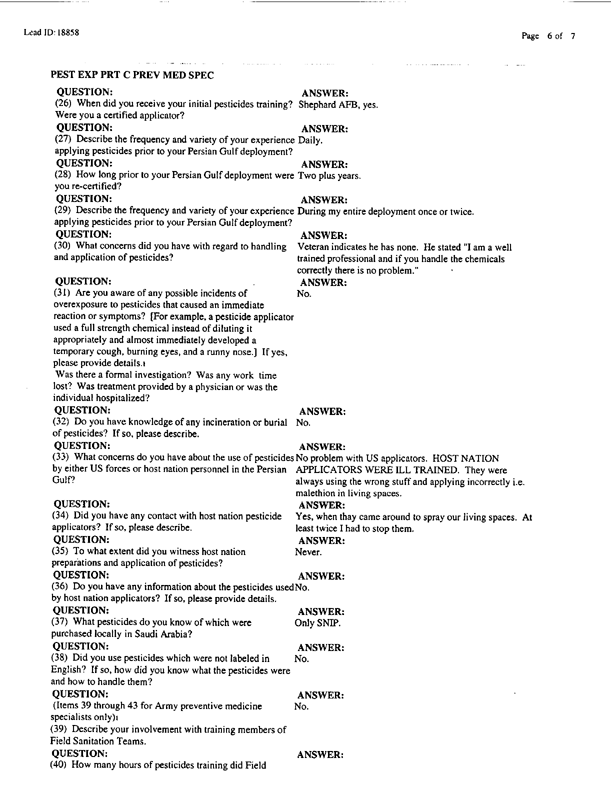   Lead Sheet #18858, Interview with an Air Force pest controller, September 11, 1998.