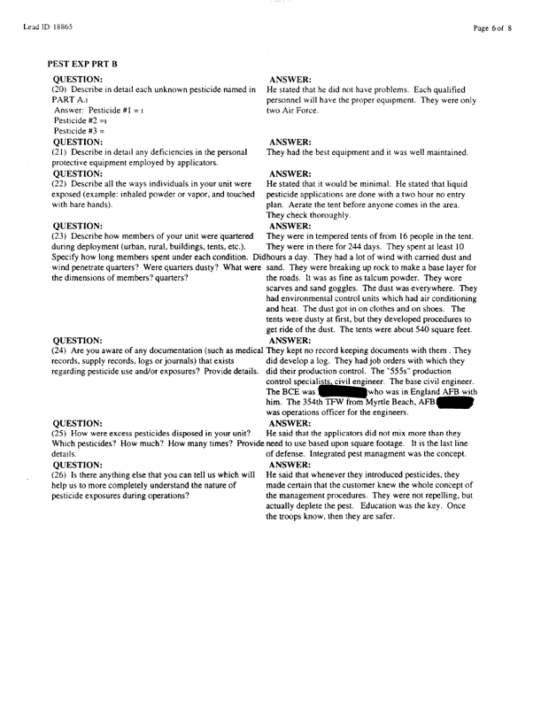 Lead Sheet #18865, Interview with 23rd Civil Engineering Squadron King Fahd International Airport pest controller, August 26, 1998