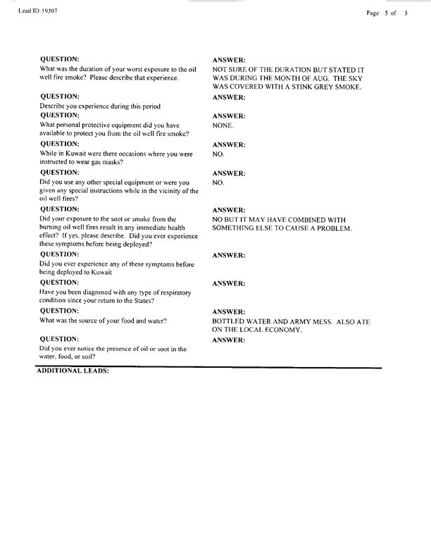   Lead Sheet #19307, Interview with 338th FSU Gulf War veteran, October 5, 1998.