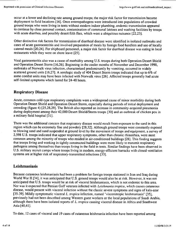 Hyams, Kenneth C., et al., �The Impact of Infectious Diseases on the Health of US Troops Deployed to the Persian Gulf During Operations Desert Shield/Desert Storm,� Clinical Infectious Diseases, 20:1497-1504, 1995, p. 1-8;