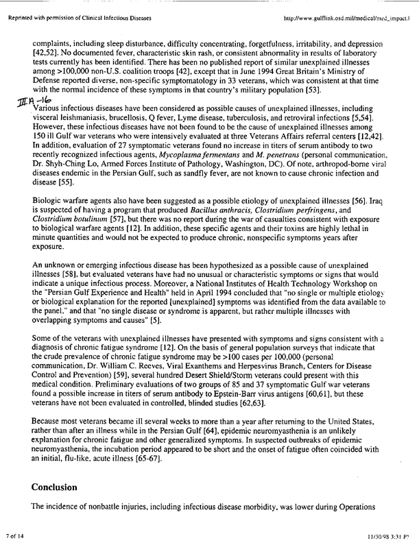 Hyams, Kenneth C., et al., �The Impact of Infectious Diseases on the Health of US Troops Deployed to the Persian Gulf During Operations Desert Shield/Desert Storm,� Clinical Infectious Diseases, 20:1497-1504, 1995, p. 1-8;
